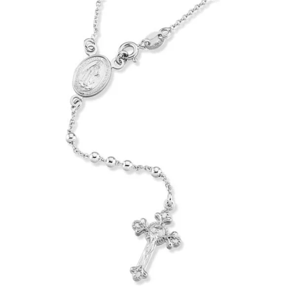 925 Sterling Silver Italian Rosary Bead Cross Y Necklace Chain for Women - Picture 4 of 4